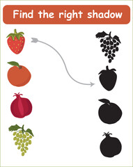 find the right shadow. Educational game for children. Find the right shadow. Kids activity with cartoon fruits.
