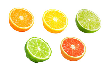Fototapeta premium Lemon, orange, grapefruit and bergamot citrus fruits. Isolated vector realistic halves of juicy citruses. Natural fresh fruit slices of ripe orange and lemon, bergamot or grapefruit