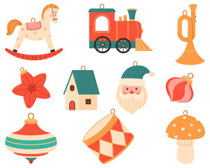 Set of vintage Christmas tree decorations in flat cartoon style.