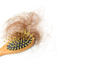 Brown hair loss, hair loss every day, serious problems and hair loss on a white background.
