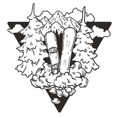 A winter extreme active sport. Snowboarding equipment. Snow mountains and forest