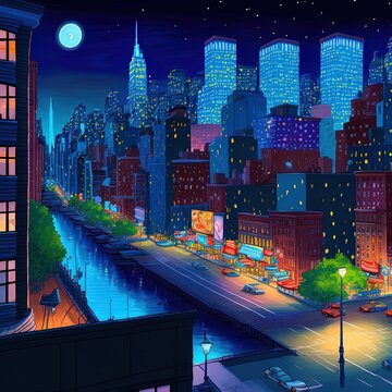 A view of new york city at night time