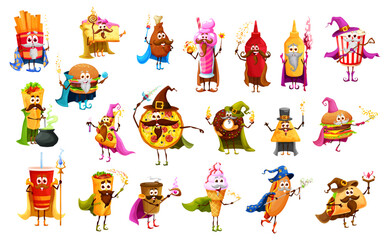 Cartoon fast food wizard, mage, sorcerer, witch and magician characters. Vector fastfood chicken leg, burger, pizza and cocktail. Shawarma, french fries, hot dog and donut, ice cream or tacos and pie
