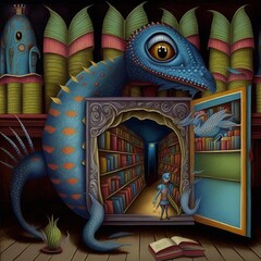 Illustration of colorful creatures trying to camuflate on a library