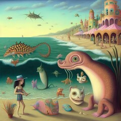 Obraz na płótnie Canvas Illustration of imaginary creatures sharing a sunny day at the beach with humans