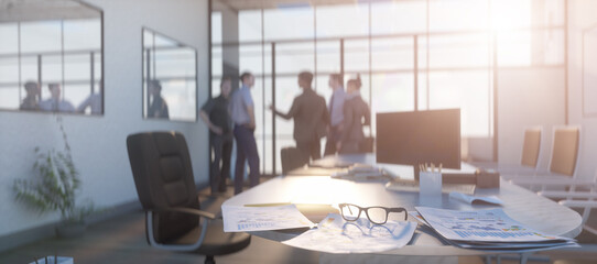 financial chart near dollars seen by unfocused glasses, colleagues meeting in office only silhouettes being viewed