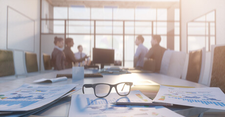 financial chart near dollars seen by unfocused glasses, colleagues meeting in office only silhouettes being viewed