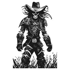 outlaw cowboy skeleton tattoo hand drawn vector black and white clip art