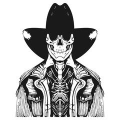 skull cowboy hat tattoo hand drawn vector black and white clip art