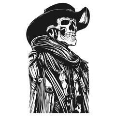 skull cowboy tattoo hand drawn vector black and white clip art