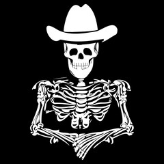 skull in cowboy hat tattoo hand drawn vector black and white clip art
