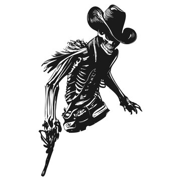 cowboy skull with guns tattoo hand drawn vector black and white clip art