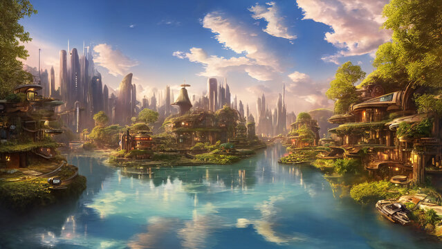 futuristic city with beautiful buildings along a river