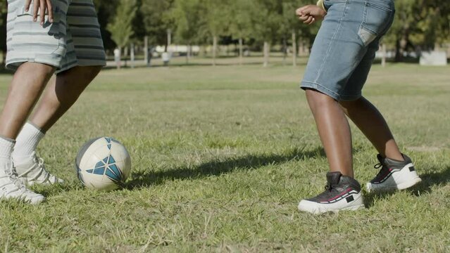 Legs closeup of father and son playing football in summer park. Black man and child kicking ball on grass lawn, having fun and doing sports together on sunny day. Parenthood, childhood, family concept