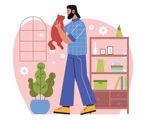 Person holding cute cat. Young man takes care of his fluffy pet. Owner shows love and tenderness to his little kitten. Character with adorable animal. Cartoon flat vector illustration in doodle style