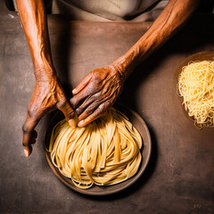 portrait of an old African-descent person making pasta dough