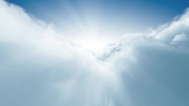 Flying in heavenly clouds with sun god rays shining in front. Flythrough white clouds in bright daylight.