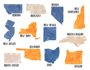 Illustration set of different USA states on white background: Montana, Nebraska, Nevada, New Hampshire, New Jersey, New Mexico, New York, North Carolina, North Dakota, Ohio, Oklahoma and Oregon. - 548092177