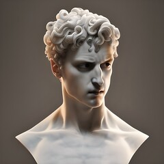 3D illustration featuring a white marble statue bust of a young ancient Greek or Roman man with chiseled features.