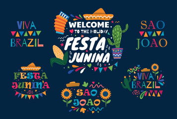 Festa junina concept. Collection of posters or banners for website. Traditional mexican holiday and festival, latin american culture. Cartoon flat vector illustrations isolated on blue background
