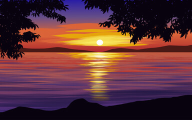 Lake sunset vector landscape illustration with tree silhouette