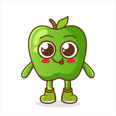 Vector illustration of cute green apple cartoon character isolated on white background. Smiling Green Apple