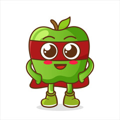 Apple superhero mascot in red cloak and mask. Cartoon Superhero Character Green Apple Flat Design. Vector