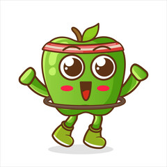 Character Illustration of green apple playing hula hoop , character design. Vector flat line cartoon kawaii character illustration icon. Isolated on white background. Apple fruit workout character