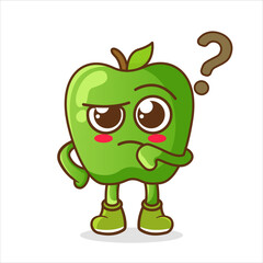 Cute apple with question mark character. Vector flat cartoon character illustration icon design. Isolated on white background. Apple thinking concept