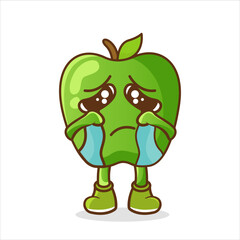 Cute funny crying sad green apple character.