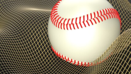 White-red baseball with gold mathematical geometric grid line wave under black-white background. Concept 3D CG of sports technology, strategic ideas and intellectual analysis of operations.