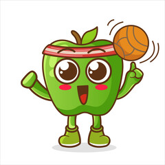Illustration of green apple cartoon is playing basketball