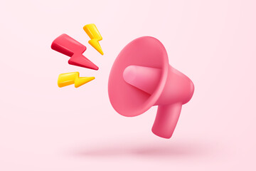 3d megaphone speaker or loudspeaker bullhorn for announce promotion in background, megaphone loud hailer with microphone, speakerphone 3d icon vector render illustration for alert and announcement