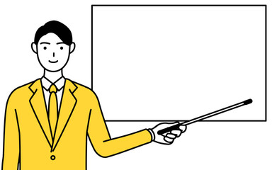 ホワイトボードを指示棒で指すスーツ姿のビジネスマンのシンプルな線画イラスト