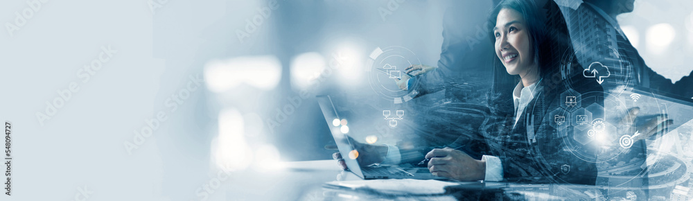 Poster Digital business, Working woman smile of happy and using laptop connect of data on digital marketing network and business growth on global network. technology and digital transformation of business.