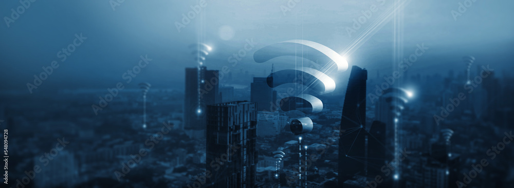 Poster Wireless communication network concept. internet technology and social networking of global connection. Blue tone.