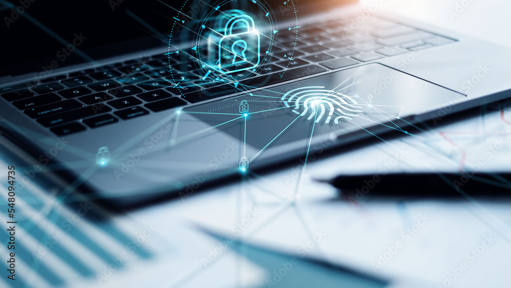 Poster Internet security. Fingerprint scanning unlock and access to business data network. Cloud. Biometric identification and cyber security protect business transaction from online digital cyber attack.