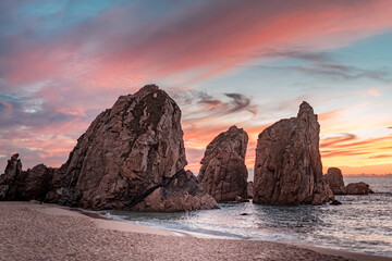incredible beach. rocks washed by ocean waves. sunset. landscape in portugal