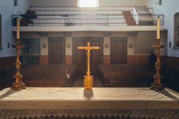 view of the interior of the church from behind the altar. the crucifixion of Jesus Christ. Catholic Church. background with place for writing. empty church and lack of people