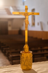 the crucifixion of Jesus Christ. Interior of the Catholic Church. background with place for writing