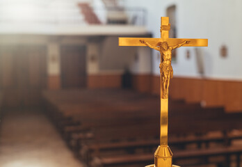 the crucifixion of Jesus Christ. Interior of the Catholic Church. background with place for writing. Great Lent