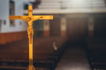 the crucifixion of Jesus Christ. Interior of the Catholic Church. background with place for writing