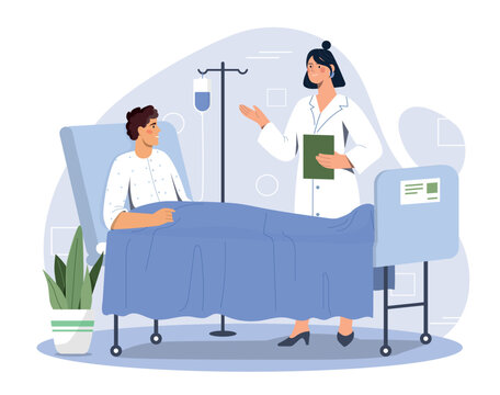 Patient and doctor. Young woman puts drip on man. Health care and disease treatment, diagnosis. Medical poster or banner for website. Hospital and infirmary. Cartoon flat vector illustration