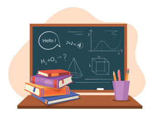 School books concept. Textbooks next to blackboard, metaphor for lesson of geometry and mathematics. Education, learning and training. Poster or banner for website. Cartoon flat vector illustration