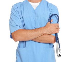 Doctor with stethoscope on white background, closeup