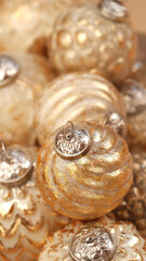 Holiday wallpaper in gold colors.Golden balls texture.Golden christmas balls.Christmas tree decorations texture.