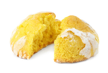 Broken tasty lemon cookie on white background