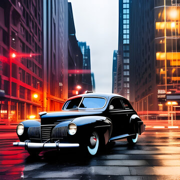 Night Rides #1013 -- A vintage early-1940's black sedan on a city street surrounded by tall buildings on a rainy night, created using artificial intelligence. No brands, makes, models, or photos used.