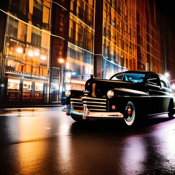 Night Rides #1012 -- A vintage mid-1940's black sedan on a city street surrounded by tall buildings on a rainy night, created using artificial intelligence. No brands, makes, models, or photos used.