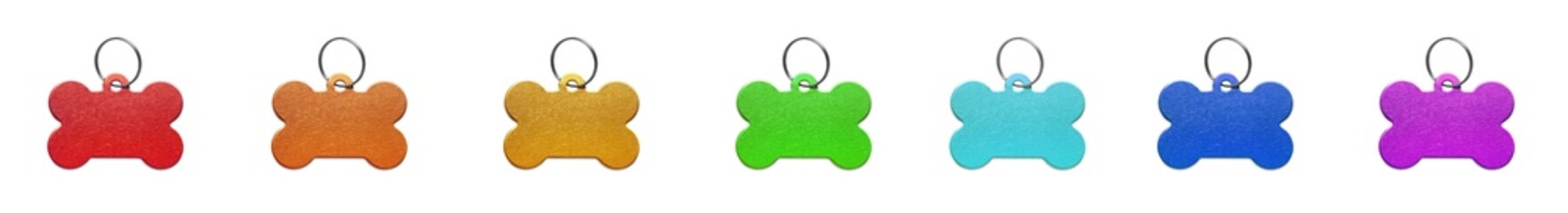 Set with multicolor bone shaped dog tags on white background. Banner design